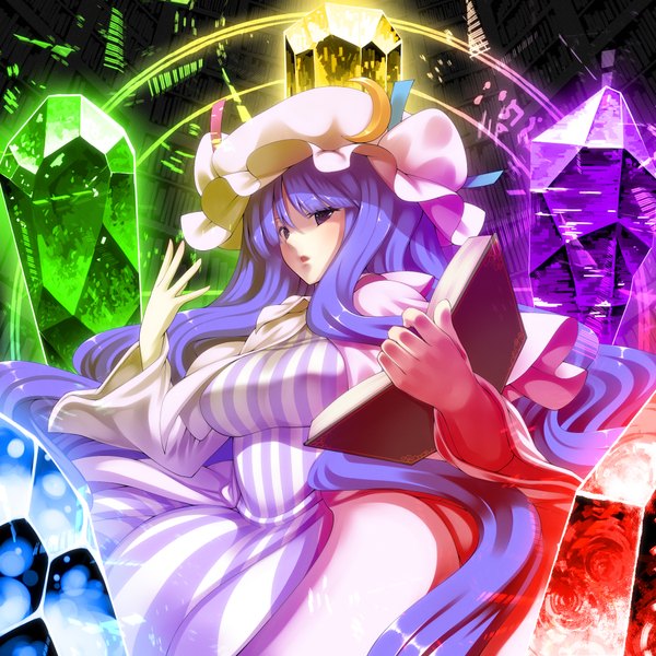 Anime picture 2000x2000 with touhou patchouli knowledge tro long hair highres light erotic purple eyes blue hair indoors crescent girl hat book (books) crystal library