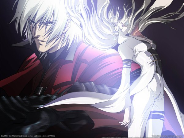 Anime picture 1600x1200 with devil may cry dante (devil may cry) trish white hair wallpaper watermark girl boy