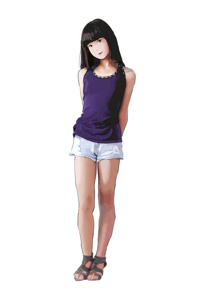 Anime picture 2893x4092 with original tsknsnso single long hair tall image looking at viewer fringe highres black hair simple background smile standing white background bare shoulders brown eyes parted lips head tilt bare legs hands behind back girl