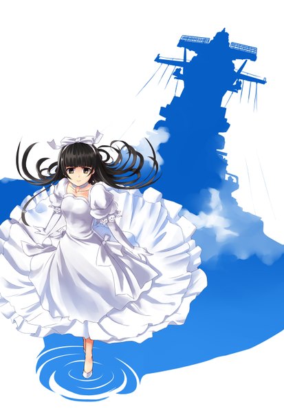 Anime picture 1024x1488 with aoki hagane no arpeggio yamato (aoki hagane no arpeggio) mizuki ame single long hair tall image black hair brown eyes shadow silhouette double exposure girl dress gloves bow hair bow water white dress yamato (battleship)