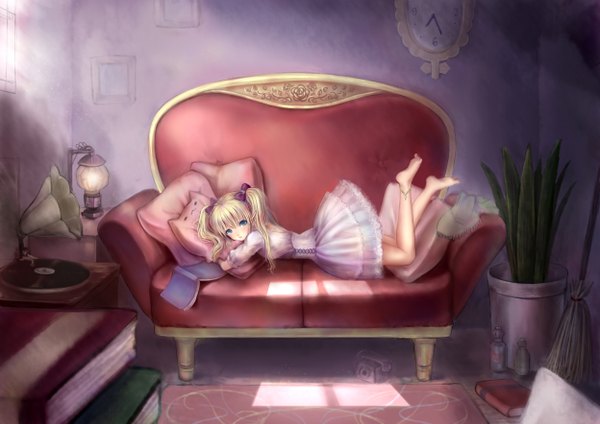 Anime picture 2496x1765 with tyun (artist) single highres short hair blue eyes blonde hair twintails lying barefoot loli hug girl dress plant (plants) pillow book (books) couch clock lamp broom