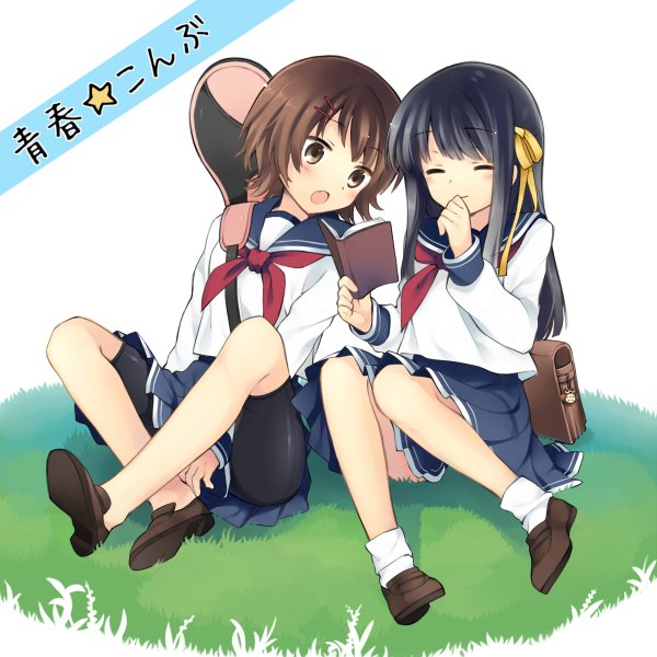 Anime picture 1200x1200 with seishun konbu chishima kirika misaki erimo hanabana tsubomi long hair blush short hair black hair brown hair multiple girls brown eyes eyes closed girl skirt uniform ribbon (ribbons) 2 girls hair ribbon school uniform miniskirt