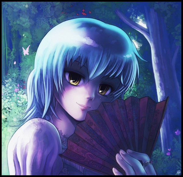 Anime picture 1036x1000 with felarya alastazia lesona (karbo) karbo single looking at viewer short hair yellow eyes blue hair light smile girl plant (plants) tree (trees) fan forest