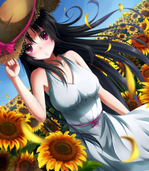 Anime picture 1270x1459 with original nicoby long hair tall image looking at viewer blush black hair sky pink eyes girl dress flower (flowers) hat petals white dress straw hat sunflower