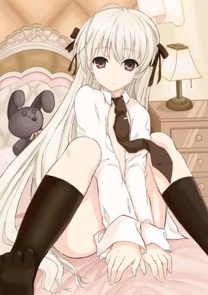 Anime picture 3508x4961 with yosuga no sora kasugano sora hitsuji magic single long hair tall image looking at viewer highres light erotic sitting brown eyes absurdres silver hair girl ribbon (ribbons) hair ribbon shirt socks necktie black socks