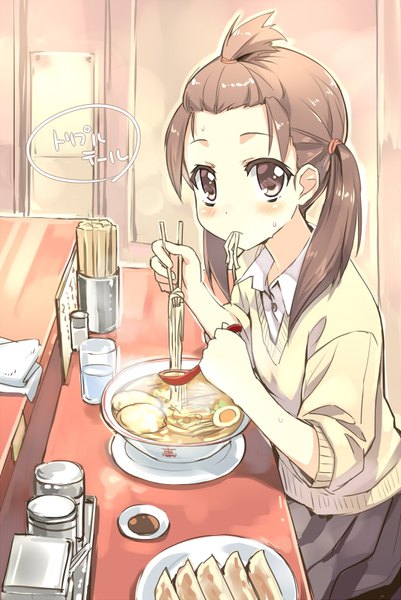 Anime picture 540x807 with original orda single tall image looking at viewer blush short hair brown hair sitting twintails brown eyes pleated skirt sweat eating steam food in mouth girl skirt uniform school uniform