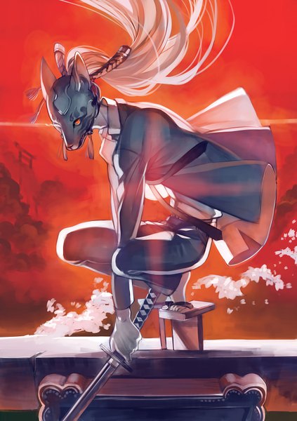 Anime picture 565x800 with original fasna single long hair tall image red eyes sitting holding looking away full body bent knee (knees) outdoors white hair ponytail long sleeves wind evening sunset squat boy