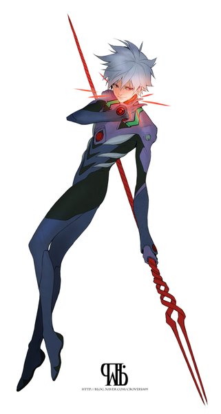 Anime picture 1096x2048 with neon genesis evangelion gainax nagisa kaworu tagme (artist) single tall image short hair simple background red eyes white background looking away light smile grey hair weightlessness boy staff pilot suit