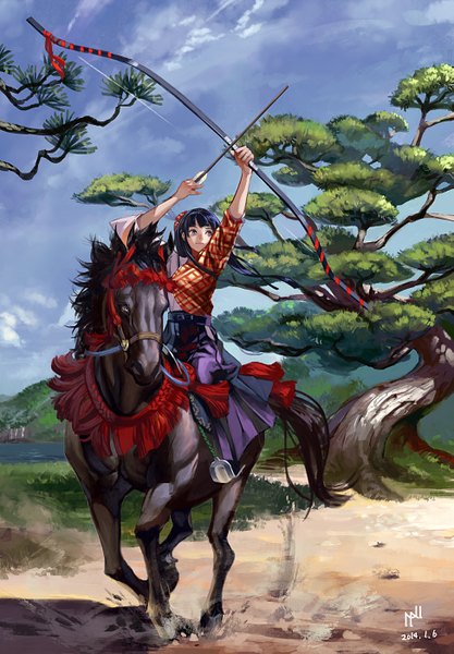Anime picture 973x1400 with original hako (mypixid) long hair tall image blue eyes black hair signed traditional clothes japanese clothes looking up riding girl hair ornament weapon plant (plants) animal tree (trees) bow (weapon) arrow (arrows) horse