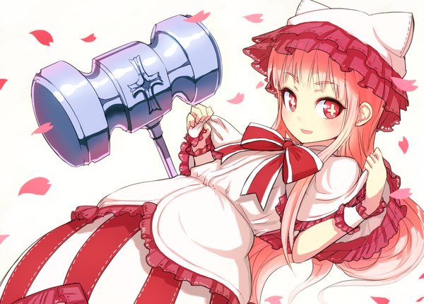 Anime picture 1200x860 with original nosuku single long hair looking at viewer simple background red eyes white background red hair + + girl dress bow ribbon (ribbons) petals frills wrist cuffs bonnet hammer