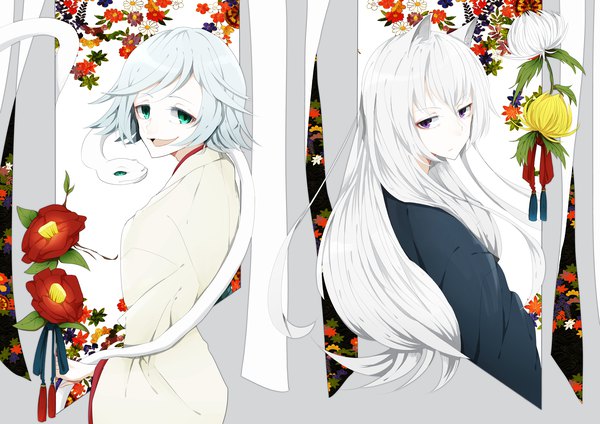 Anime picture 4093x2894 with kamisama hajimemashita tomoe (kamisama hajimemashita) mizuki (kamisama hajimemashita) murau 68 long hair looking at viewer fringe highres short hair open mouth smile purple eyes green eyes animal ears absurdres white hair traditional clothes japanese clothes looking back from behind