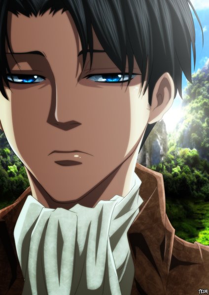 Anime picture 1200x1696 with shingeki no kyojin production i.g levi (rivaille) futuretabs single tall image short hair blue eyes black hair sky cloud (clouds) sunlight coloring close-up face boy plant (plants) tree (trees)