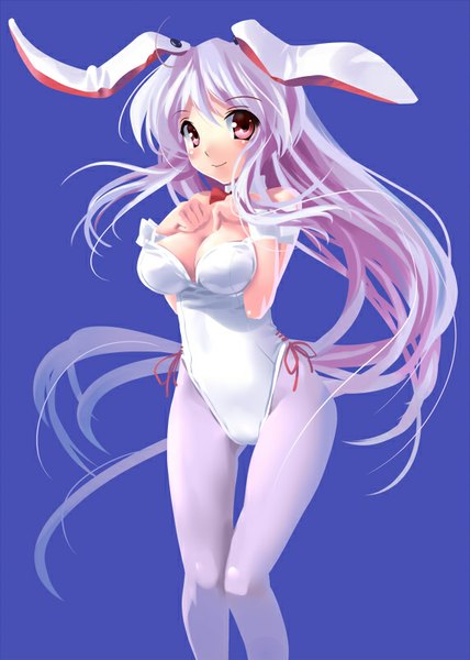 Anime picture 571x800 with touhou reisen udongein inaba katahira masashi single long hair tall image looking at viewer blush breasts light erotic simple background red eyes large breasts animal ears purple hair light smile bunny ears fake animal ears blue background girl
