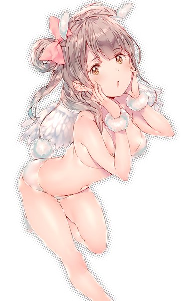 Anime picture 560x881 with love live! school idol project sunrise (studio) love live! minami kotori dsmile single long hair tall image looking at viewer blush fringe breasts open mouth light erotic simple background brown hair standing white background bare shoulders brown eyes