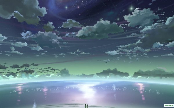 Anime picture 1920x1200 with 5 centimeters per second highres wide image sky cloud (clouds) night sky couple horizon landscape water sea star (stars)