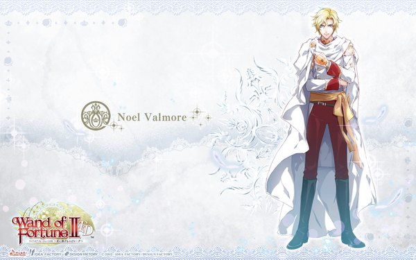 Anime picture 1920x1200 with wand of fortune 2 idea factory noel valmore usuba kagerou single looking at viewer highres short hair blue eyes blonde hair wide image wallpaper boy boots belt jewelry cloak