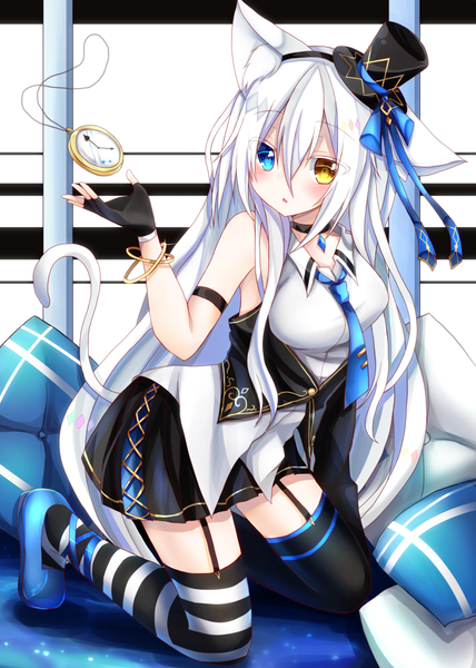 Anime picture 785x1100 with original luna shuverutse yamine kuro single long hair tall image looking at viewer blush fringe hair between eyes animal ears yellow eyes white hair tail animal tail arm up aqua eyes cat ears cat tail zettai ryouiki