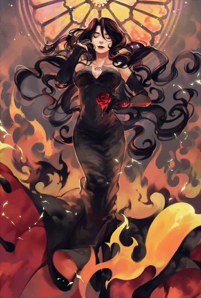 Anime picture 720x1066 with fullmetal alchemist studio bones lust chongning single long hair tall image breasts black hair large breasts standing bare shoulders eyes closed light smile tattoo lipstick wavy hair girl dress gloves