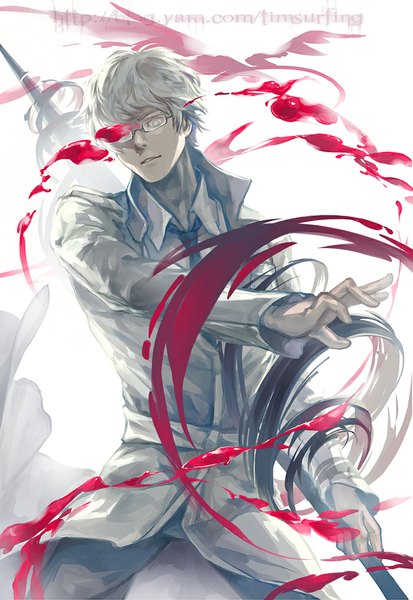 Anime picture 700x1017 with tokyo ghoul studio pierrot arima kishou sundog1991 single tall image fringe simple background white background holding white hair inscription looking down flying open collar white eyes boy weapon shirt glasses