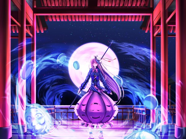 Anime picture 1200x900 with touhou hata no kokoro waterdog single long hair looking at viewer fringe standing purple hair pink eyes night night sky ghost girl weapon shirt bowtie moon star (stars) mask