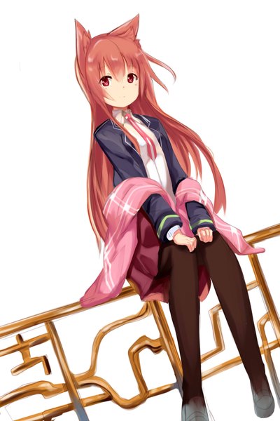 Anime picture 1333x2000 with original haik single long hair tall image looking at viewer fringe simple background red eyes white background sitting animal ears pink hair bent knee (knees) cat ears cat girl girl pantyhose cape