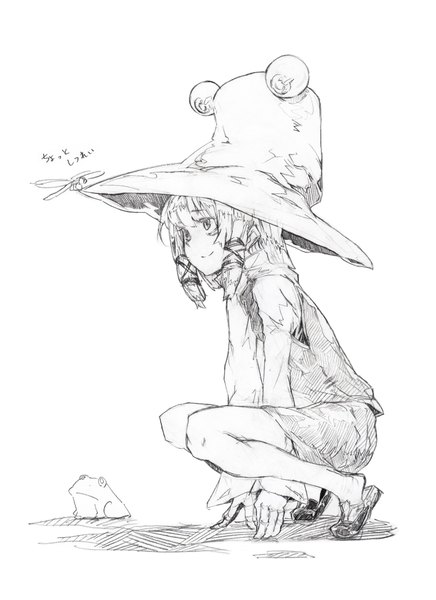 Anime picture 2975x4094 with touhou moriya suwako oshake tall image highres short hair simple background smile white background inscription monochrome sketch girl dress hat animal frog dragonfly