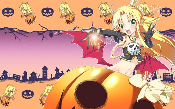 Anime picture 1280x800 with original yuto (dialique) single long hair open mouth blonde hair wide image green eyes pointy ears teeth fang (fangs) halloween girl gloves bow wings elbow gloves vegetables jack-o'-lantern pumpkin