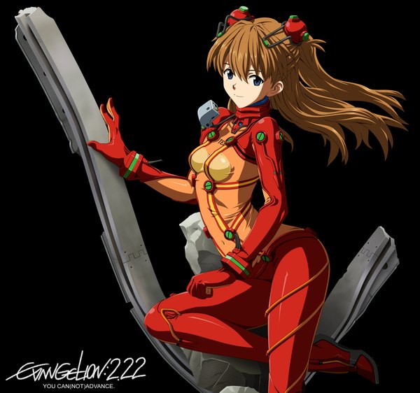 Anime picture 3200x3000 with neon genesis evangelion rebuild of evangelion gainax soryu asuka langley shikinami asuka langley toshi5765 single long hair highres blue eyes simple background brown hair absurdres inscription black background girl pilot suit