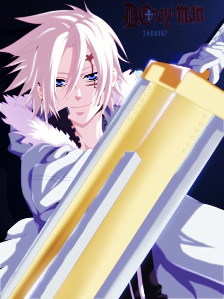 Anime picture 750x1000 with d.gray-man allen walker eroishi single tall image short hair blue eyes smile white hair inscription tattoo coloring facial mark dark background boy gloves weapon fur huge weapon huge sword