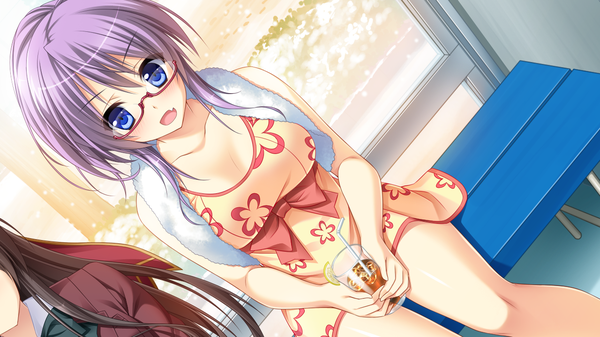 Anime picture 1280x720 with angenehm platz yae hibiki kurusu rio (angenehm platz) tagme (artist) long hair blush open mouth blue eyes wide image sitting game cg purple hair towel around neck girl boy glasses towel