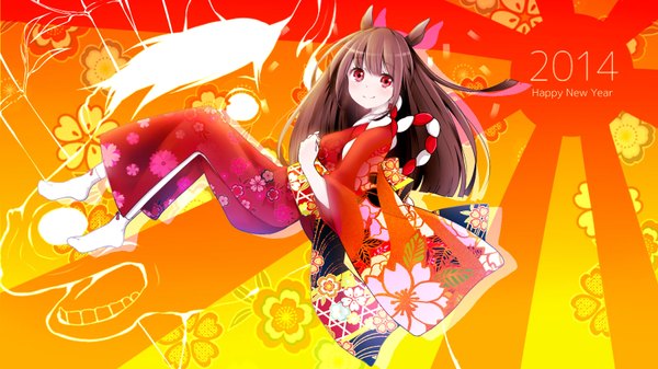 Anime picture 1600x900 with original fuu (07199382) single long hair looking at viewer blush fringe smile red eyes brown hair wide image animal ears traditional clothes japanese clothes inscription wallpaper no shoes floral print new year happy new year