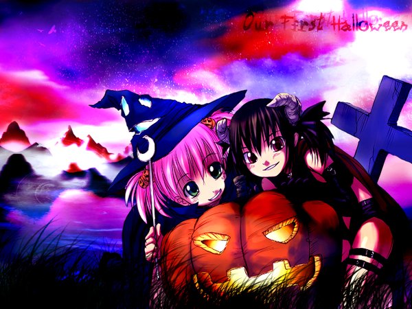 Anime picture 1280x960 with original yu (bosshi) moe (bosshi) bosshi halloween witch demon vegetables jack-o'-lantern pumpkin