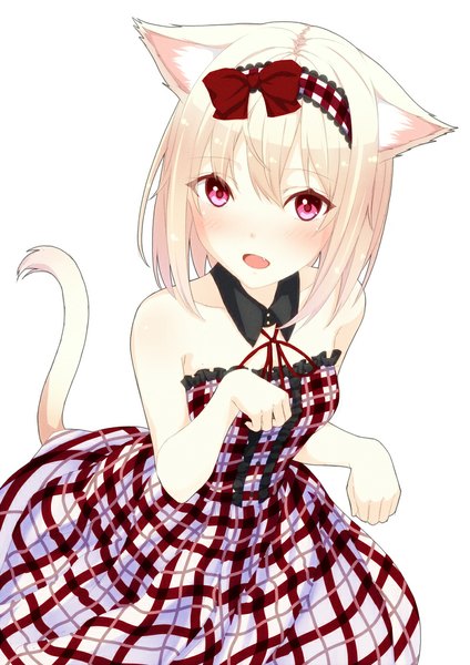 Anime picture 800x1131 with original 96tuki single long hair tall image looking at viewer blush blonde hair simple background white background bare shoulders animal ears tail animal tail pink eyes cat ears teeth cat tail fang (fangs) plaid