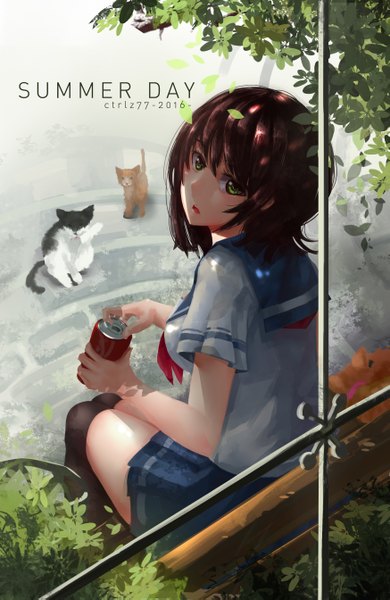 Anime picture 1745x2685 with original ctrlz77 single tall image highres short hair open mouth brown hair sitting green eyes inscription girl thighhighs skirt uniform black thighhighs school uniform animal cat