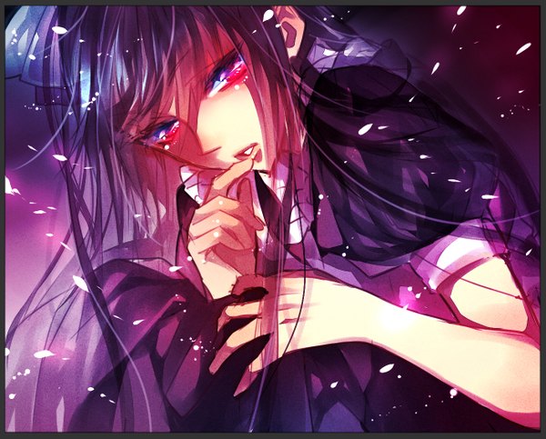 Anime picture 1303x1051 with tayuya1130 single long hair open mouth blue eyes black hair sitting tears finger to mouth girl petals