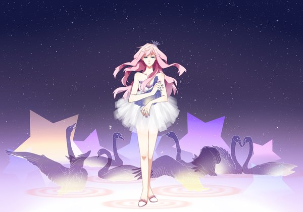 Anime picture 1750x1225 with vocaloid megurine luka subaru (artist) highres blue eyes pink hair sky ballet girl animal bird (birds) star (symbol) star (stars) crown swan