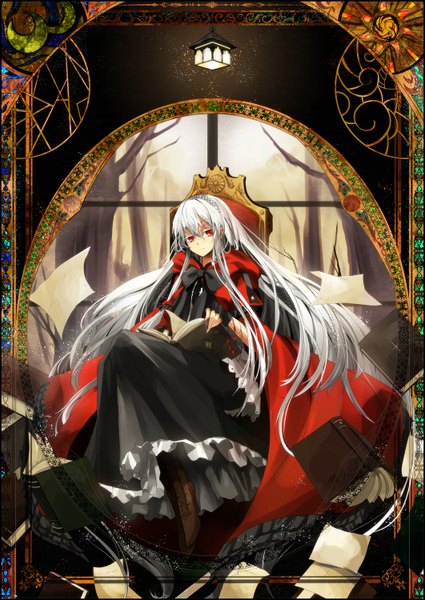 Anime picture 2124x3000 with original miruto netsuki single long hair tall image looking at viewer highres red eyes sitting white hair girl dress hairband book (books) paper