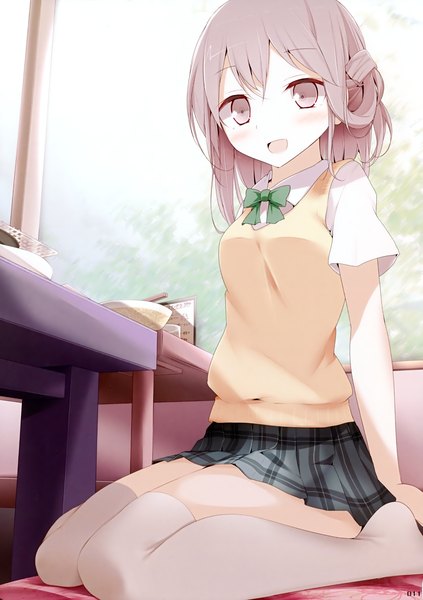 Anime picture 2470x3500 with original oouso (usotsukiya) tall image blush highres short hair open mouth brown hair brown eyes scan girl thighhighs skirt uniform school uniform miniskirt white thighhighs bowtie vest