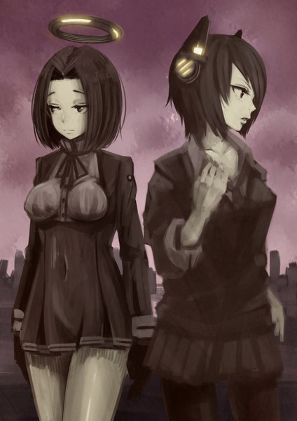 Anime picture 1000x1414 with kantai collection tenryuu light cruiser tatsuta light cruiser pecolondon tall image fringe short hair multiple girls looking away parted lips profile pleated skirt black eyes city covered navel open collar twisty sleeves adjusting clothes girl dress