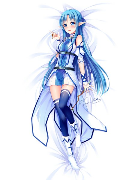Anime picture 600x800 with sword art online a-1 pictures yuuki asuna asuna (sao-alo) grandia bing single long hair tall image looking at viewer blush fringe breasts open mouth blue eyes smile white background holding signed blue hair full body