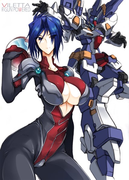 Anime picture 1247x1747 with super robot wars viletta badam haganef tall image looking at viewer short hair breasts blue eyes light erotic simple background large breasts white background blue hair girl bodysuit helmet robot mecha