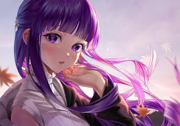 Anime picture 2915x2043 with sousou no frieren fern (sousou no frieren) rearea 7777 single long hair looking at viewer blush fringe highres purple eyes purple hair upper body blunt bangs wind half updo girl leaf (leaves) maple leaf
