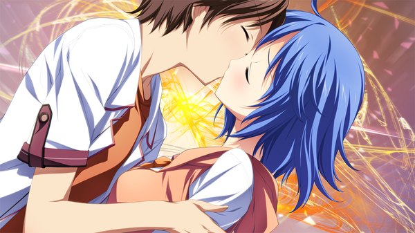 Anime picture 1280x720 with material brave giga shirafuji angeline tsubomi kikuchi seiji short hair black hair wide image blue hair game cg eyes closed couple kiss girl boy uniform school uniform