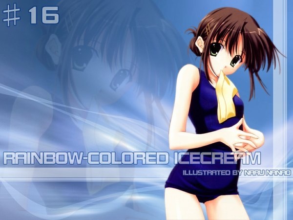 Anime picture 1024x768 with rainbow colored icecream nanao naru single looking at viewer fringe short hair hair between eyes brown hair holding green eyes signed copyright name mouth hold girl swimsuit bobby pin one-piece swimsuit school swimsuit