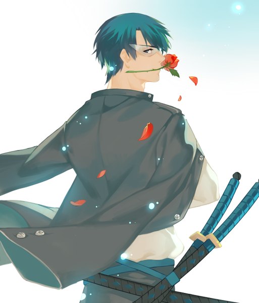 Anime picture 2480x2900 with bishoujo senshi sailor moon toei animation tuxedo kamen joseph lee single tall image looking at viewer fringe highres short hair holding green hair mouth hold back dual wielding glow flower in mouth boy flower (flowers) ribbon (ribbons)