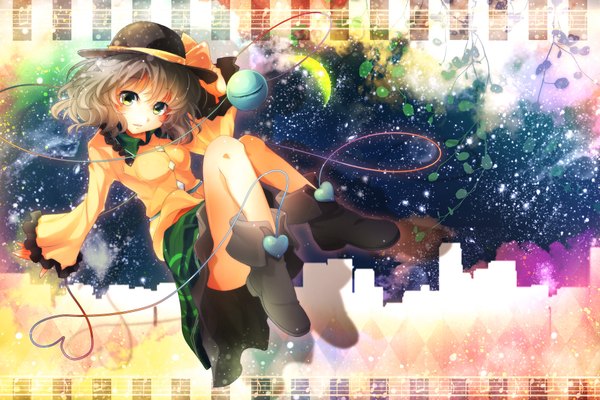 Anime picture 1920x1280 with touhou komeiji koishi k2pudding single looking at viewer highres short hair green eyes silver hair girl dress hat shoes eyeball