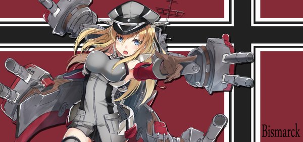 Anime picture 1942x914 with kantai collection bismarck battleship nanahara fuyuki single long hair blush highres breasts blue eyes blonde hair wide image large breasts character names pointing sketch girl dress gloves uniform weapon