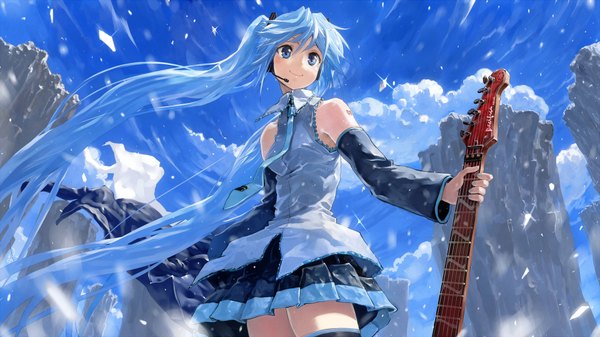 Anime picture 1920x1080 with vocaloid hatsune miku bob (biyonbiyon) single long hair highres blue eyes smile wide image twintails blue hair sky cloud (clouds) girl skirt detached sleeves miniskirt necktie guitar