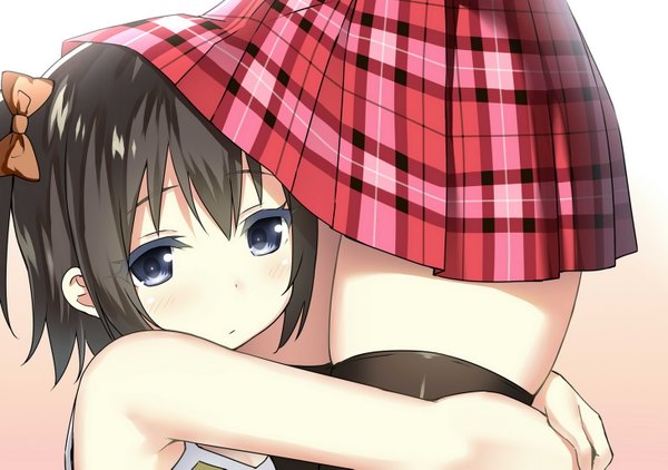 Anime picture 1460x1029 with original kurumi (kantoku) sky (sky-freedom) sky-freedom looking at viewer short hair light erotic brown hair twintails multiple girls pleated skirt grey eyes zettai ryouiki hug thighs plaid skirt short twintails head out of frame girl thighhighs