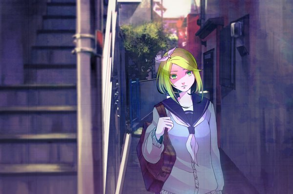Anime picture 4288x2848 with vocaloid kagamine rin no.734 single looking at viewer highres short hair blonde hair green eyes absurdres city girl uniform plant (plants) school uniform tree (trees) stairs house